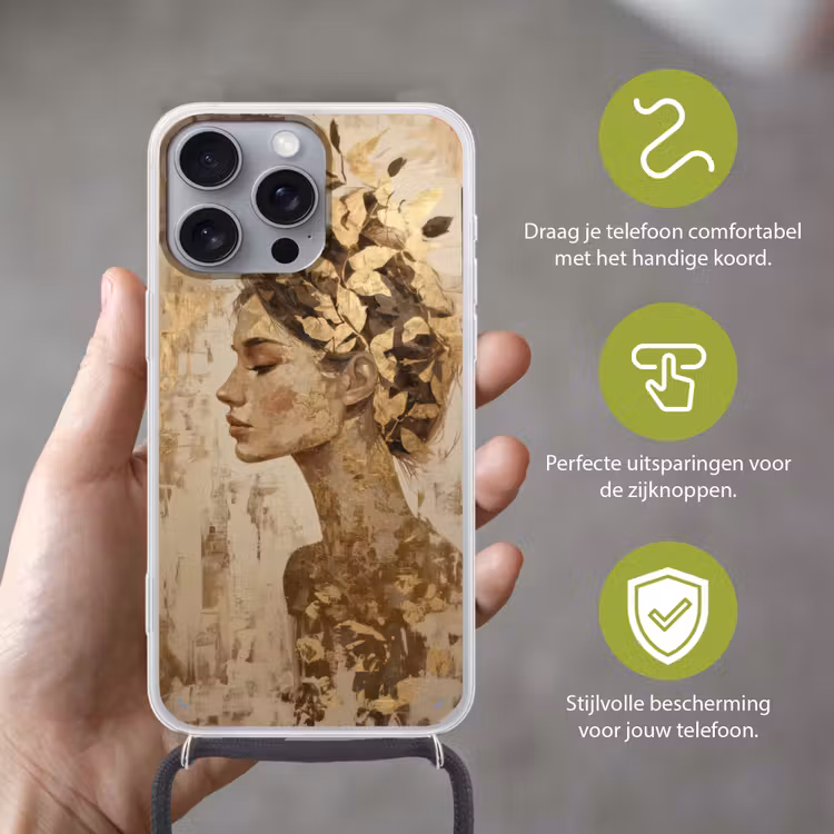 Vrouw - Goud - Abstract - Textuur Hoesje iPhone 16 Pro Max met koord klein -sfeer2_NL
