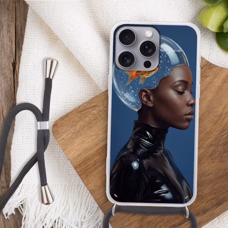 Vrouw - Goudvis - Hoofd - Abstract - Blauw Hoesje iPhone 16 Pro Max met koord klein -sfeer4