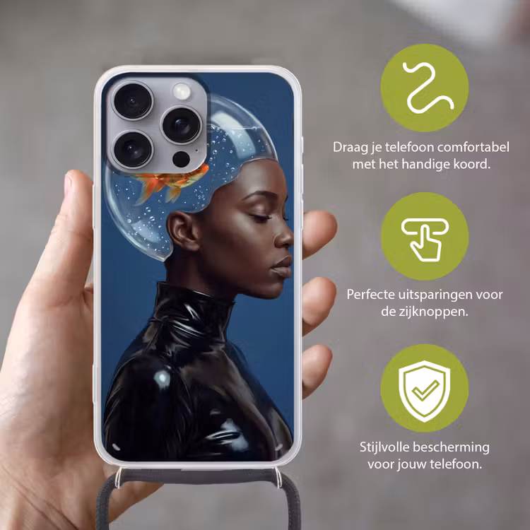 Vrouw - Goudvis - Hoofd - Abstract - Blauw Hoesje iPhone 16 Pro Max met koord klein -sfeer2_NL