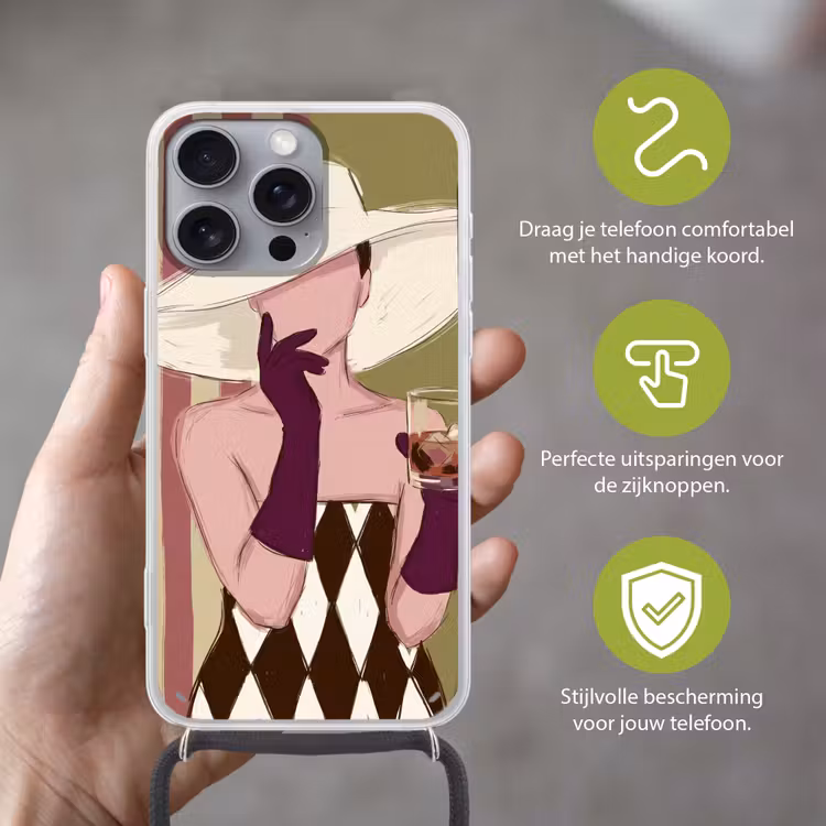 Vrouw - Hoed - Mode - Abstract - Kleurrijk Hoesje iPhone 16 Pro Max met koord klein -sfeer2_NL