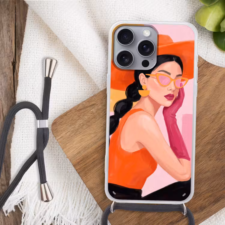 Vrouw - Hoed - Mode - Modern - Oranje Hoesje iPhone 16 Pro Max met koord klein -sfeer4