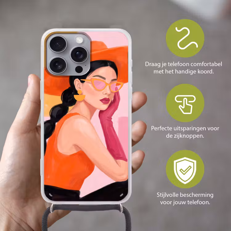 Vrouw - Hoed - Mode - Modern - Oranje Hoesje iPhone 16 Pro Max met koord klein -sfeer2_NL
