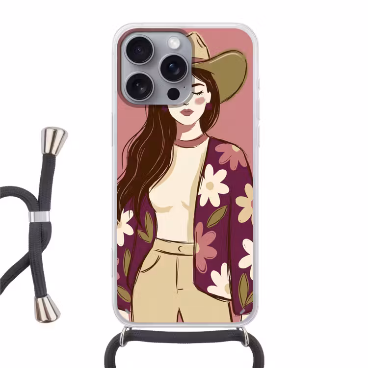 Vrouw - Hoed - Portret - Illustratie - Roze Hoesje iPhone 16 Pro Max met koord klein -3d