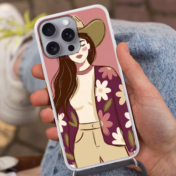 Vrouw - Hoed - Portret - Illustratie - Roze Hoesje iPhone 16 Pro Max met koord klein -sfeer3