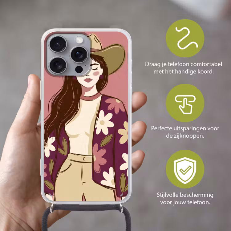 Vrouw - Hoed - Portret - Illustratie - Roze Hoesje iPhone 16 Pro Max met koord klein -sfeer2_NL