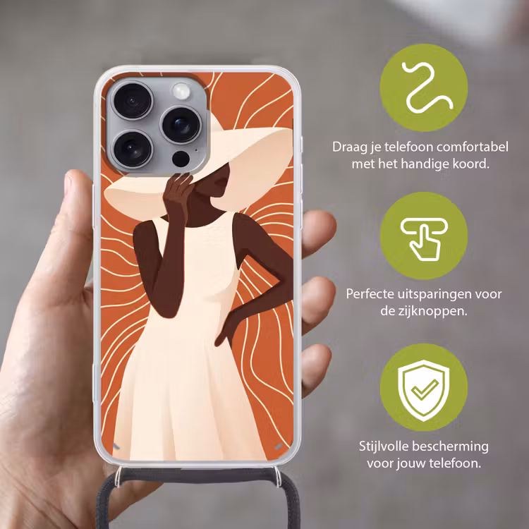 Vrouw - Hoed - Portret - Modern - Beige Hoesje iPhone 16 Pro Max met koord klein -sfeer2_NL