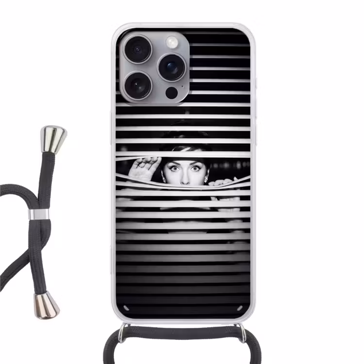 Vrouw - Jaloezieën - Portret - Zwart-wit Hoesje iPhone 16 Pro Max met koord klein -3d