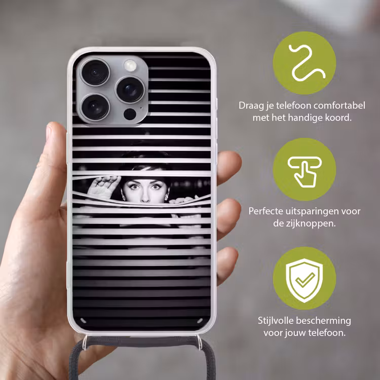 Vrouw - Jaloezieën - Portret - Zwart-wit Hoesje iPhone 16 Pro Max met koord klein -sfeer2_NL