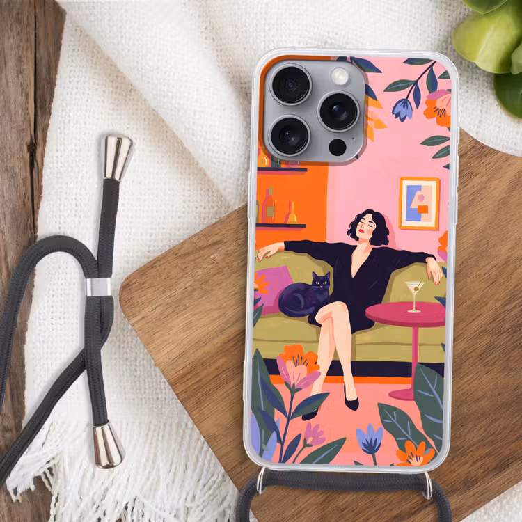 Vrouw - Kat - Interieur - Modern - Kleurrijk Hoesje iPhone 16 Pro Max met koord klein -sfeer4