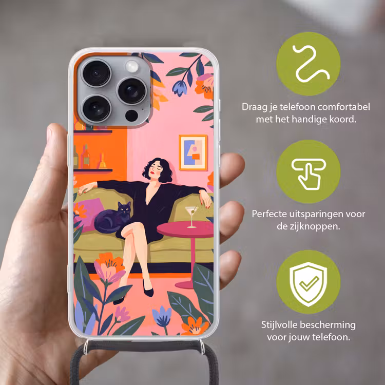 Vrouw - Kat - Interieur - Modern - Kleurrijk Hoesje iPhone 16 Pro Max met koord klein -sfeer2_NL