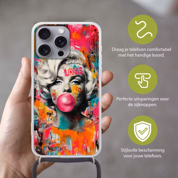 Vrouw - Kauwgom - Graffiti - Neonkleuren Hoesje iPhone 16 Pro Max met koord klein -sfeer2_NL