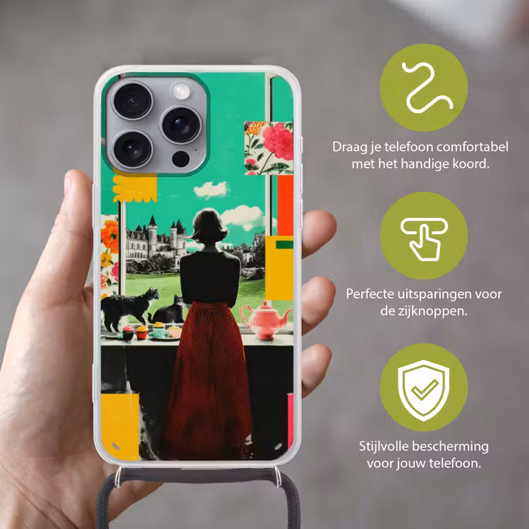 Vrouw - Keuken - Katten - Doorkijk Hoesje iPhone 16 Pro Max met koord klein -sfeer2_NL