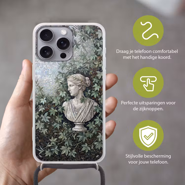 Vrouw - Klassiek - Mozaiëk - Natuur - Groen Hoesje iPhone 16 Pro Max met koord klein -sfeer2_NL