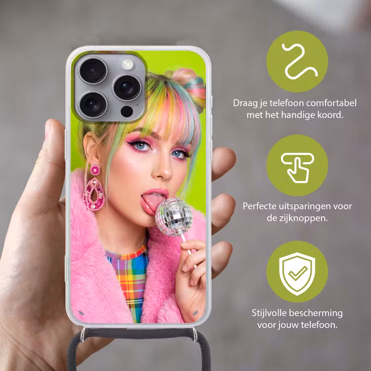 Vrouw - Kleurrijk haar - Pop art - Modern - Levendig Hoesje iPhone 16 Pro Max met koord klein -sfeer2_NL