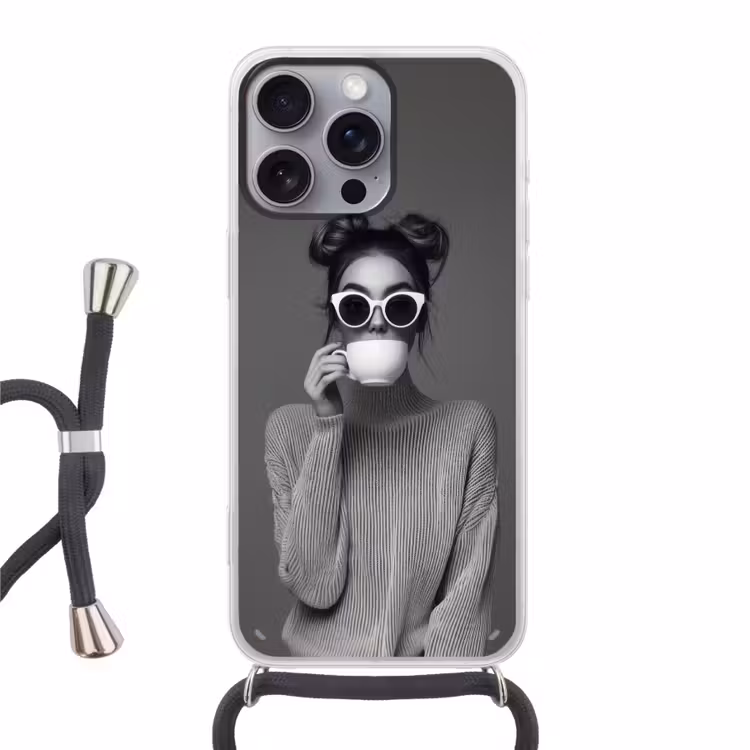 Vrouw - Koffie - Zwart - Wit Hoesje iPhone 16 Pro Max met koord klein -3d