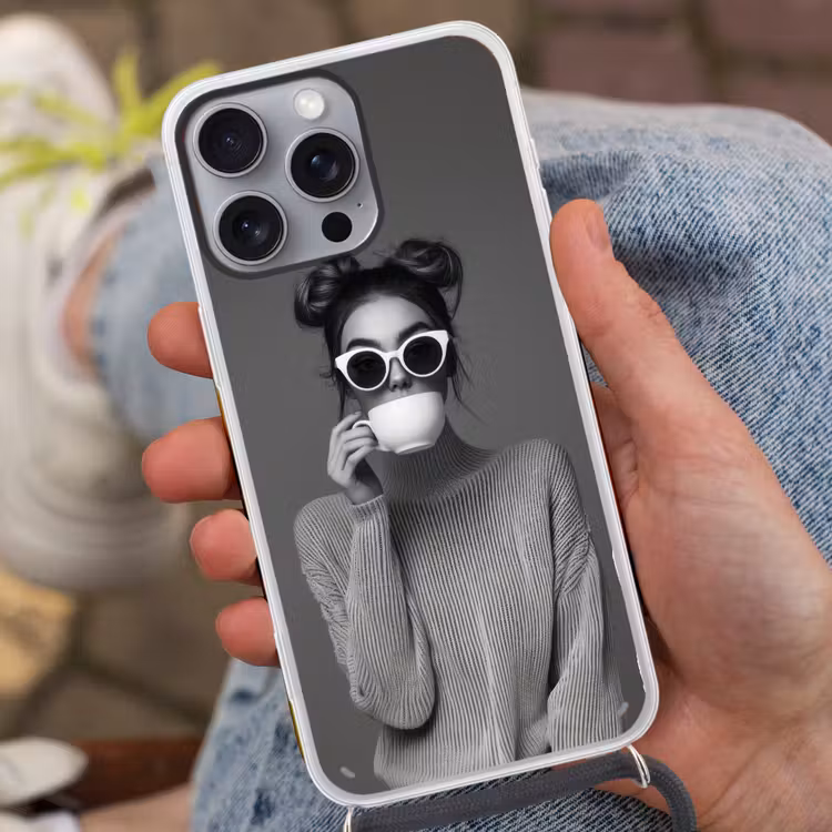 Vrouw - Koffie - Zwart - Wit Hoesje iPhone 16 Pro Max met koord klein -sfeer3