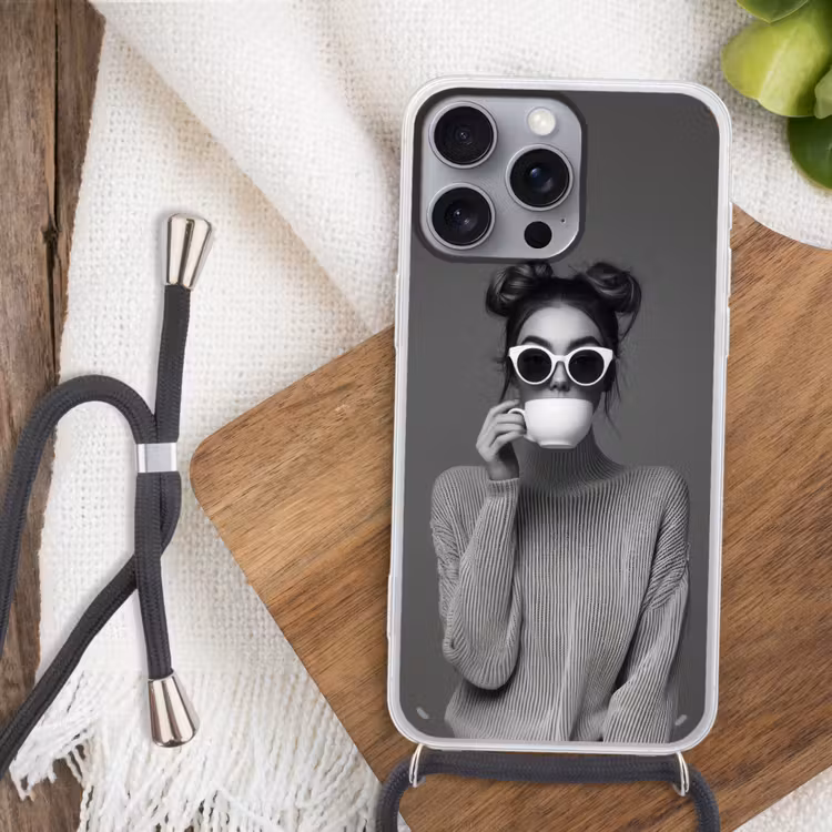 Vrouw - Koffie - Zwart - Wit Hoesje iPhone 16 Pro Max met koord klein -sfeer4