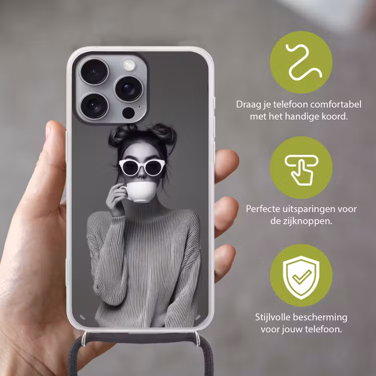 Vrouw - Koffie - Zwart - Wit Hoesje iPhone 16 Pro Max met koord klein -sfeer2_NL