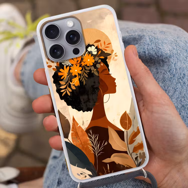 Vrouw - Krullen - Bloemen - Beige Hoesje iPhone 16 Pro Max met koord klein -sfeer3
