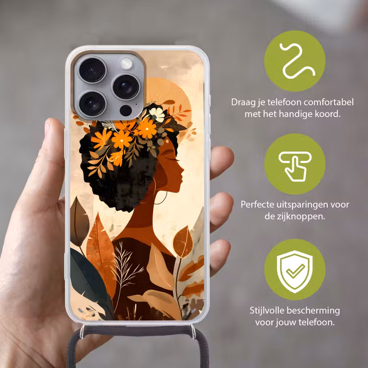 Vrouw - Krullen - Bloemen - Beige Hoesje iPhone 16 Pro Max met koord klein -sfeer2_NL