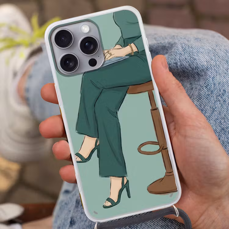 Vrouw - Laptop - Zittend - Illustratie - Groen Hoesje iPhone 16 Pro Max met koord klein -sfeer3