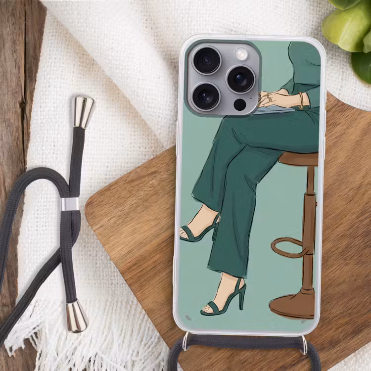 Vrouw - Laptop - Zittend - Illustratie - Groen Hoesje iPhone 16 Pro Max met koord klein -sfeer4