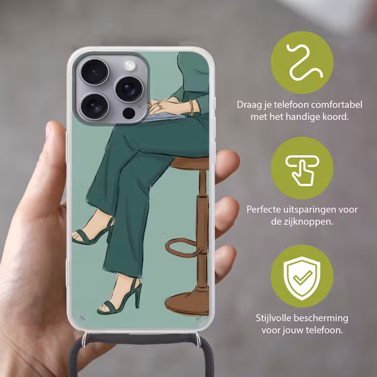 Vrouw - Laptop - Zittend - Illustratie - Groen Hoesje iPhone 16 Pro Max met koord klein -sfeer2_NL