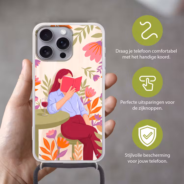 Vrouw - Lezen - Thuis - Modern - Bloemen Hoesje iPhone 16 Pro Max met koord klein -sfeer2_NL