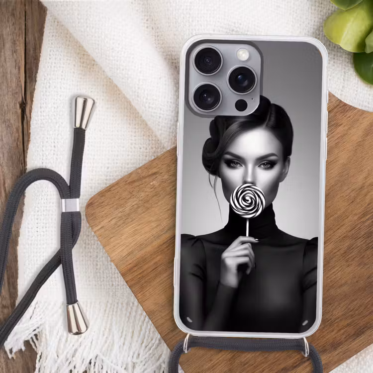 Vrouw - Lolly - Zwart Hoesje iPhone 16 Pro Max met koord klein -sfeer4