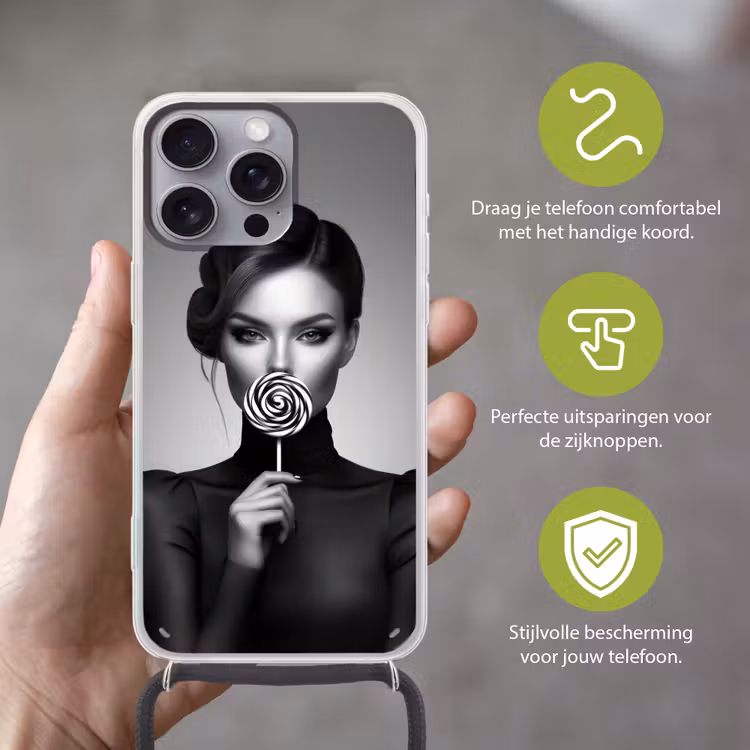 Vrouw - Lolly - Zwart Hoesje iPhone 16 Pro Max met koord klein -sfeer2_NL