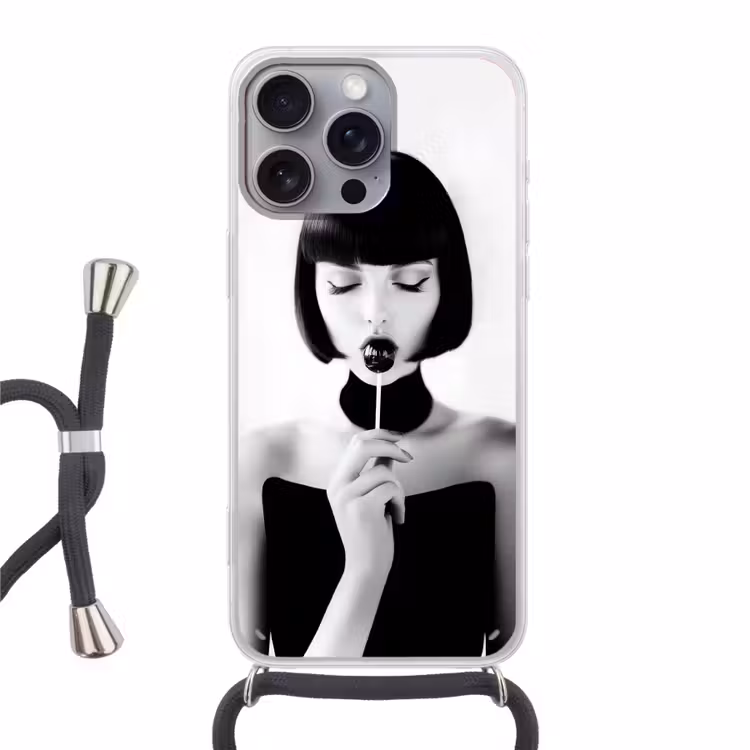Vrouw - Lolly - Zwart - Wit Hoesje iPhone 16 Pro Max met koord klein -3d