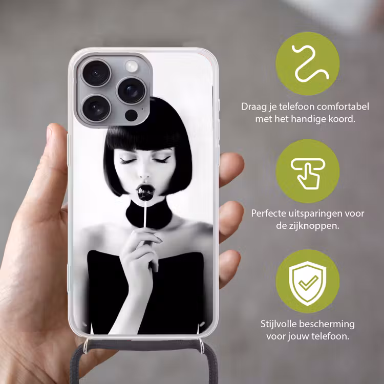 Vrouw - Lolly - Zwart - Wit Hoesje iPhone 16 Pro Max met koord klein -sfeer2_NL
