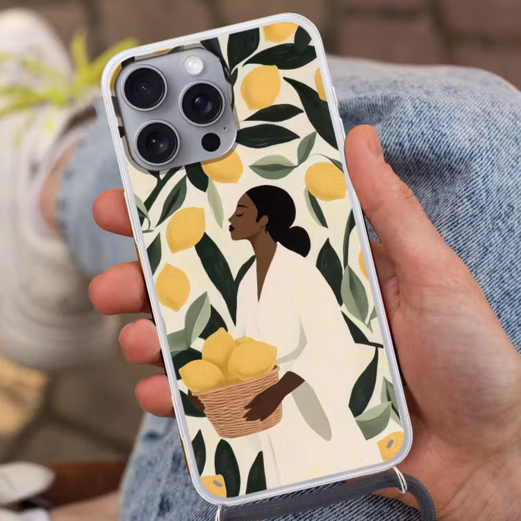 Vrouw - Mand - Citroenen - Bladeren Hoesje iPhone 16 Pro Max met koord klein -sfeer3