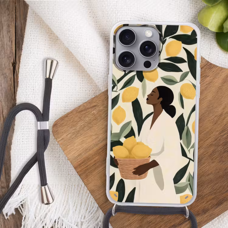 Vrouw - Mand - Citroenen - Bladeren Hoesje iPhone 16 Pro Max met koord klein -sfeer4