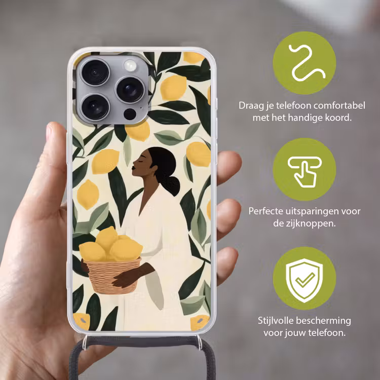 Vrouw - Mand - Citroenen - Bladeren Hoesje iPhone 16 Pro Max met koord klein -sfeer2_NL