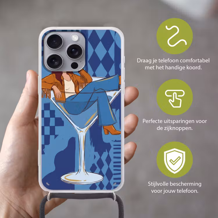 Vrouw - Martini glas - Abstract - Blauw - Kunst Hoesje iPhone 16 Pro Max met koord klein -sfeer2_NL