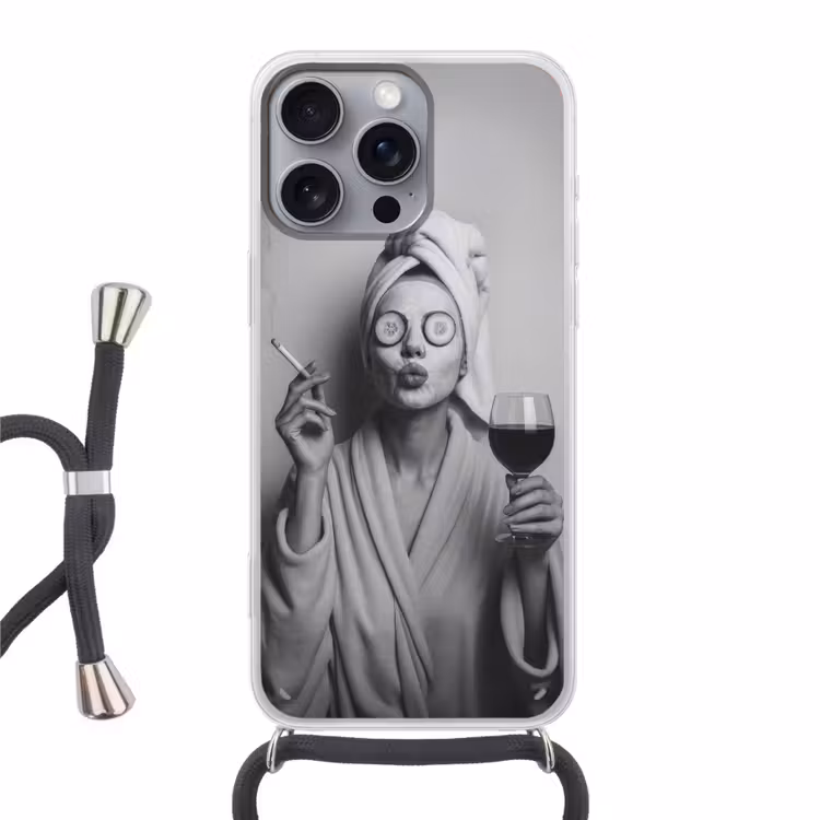 Vrouw - Masker - Wijn - Sigaret Hoesje iPhone 16 Pro Max met koord klein -3d