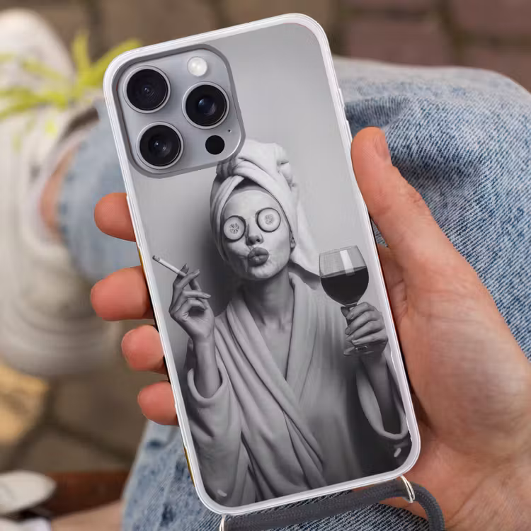 Vrouw - Masker - Wijn - Sigaret Hoesje iPhone 16 Pro Max met koord klein -sfeer3