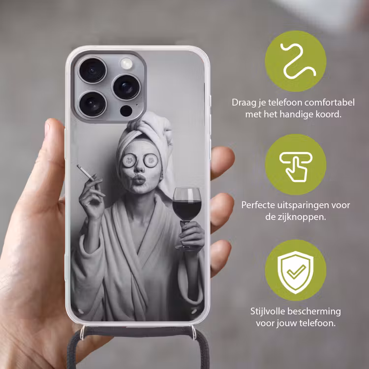 Vrouw - Masker - Wijn - Sigaret Hoesje iPhone 16 Pro Max met koord klein -sfeer2_NL