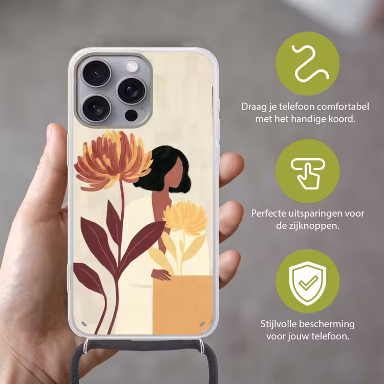 Vrouw - Minimalistisch - Bloem Hoesje iPhone 16 Pro Max met koord klein -sfeer2_NL