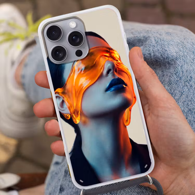 Vrouw - Oranje - Abstract - Modern - Kleurrijk Hoesje iPhone 16 Pro Max met koord klein -sfeer3