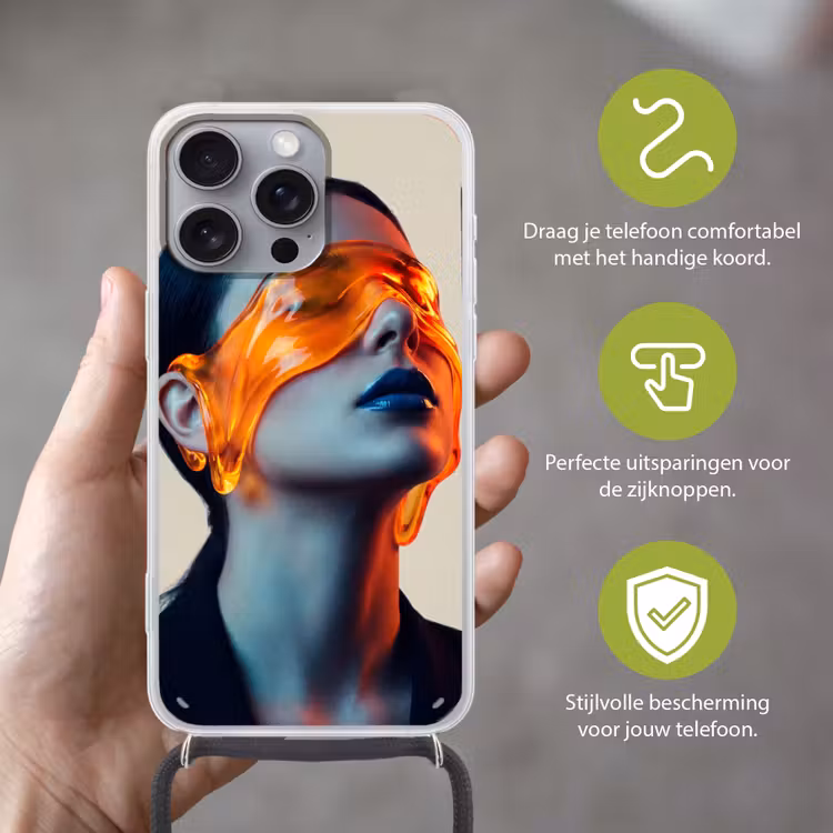 Vrouw - Oranje - Abstract - Modern - Kleurrijk Hoesje iPhone 16 Pro Max met koord klein -sfeer2_NL
