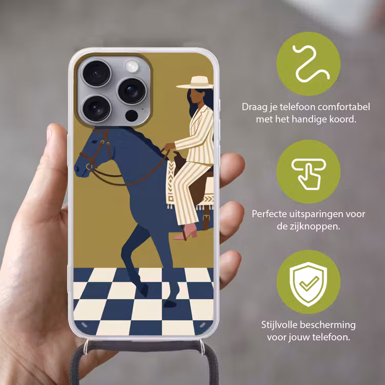 Vrouw - Paard - Rijden - Modern - Abstract Hoesje iPhone 16 Pro Max met koord klein -sfeer2_NL