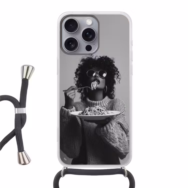 Vrouw - Pasta - Zwart - Wit Hoesje iPhone 16 Pro Max met koord klein -3d