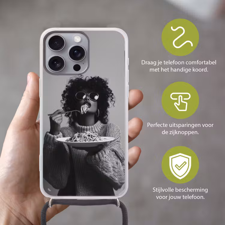 Vrouw - Pasta - Zwart - Wit Hoesje iPhone 16 Pro Max met koord klein -sfeer2_NL