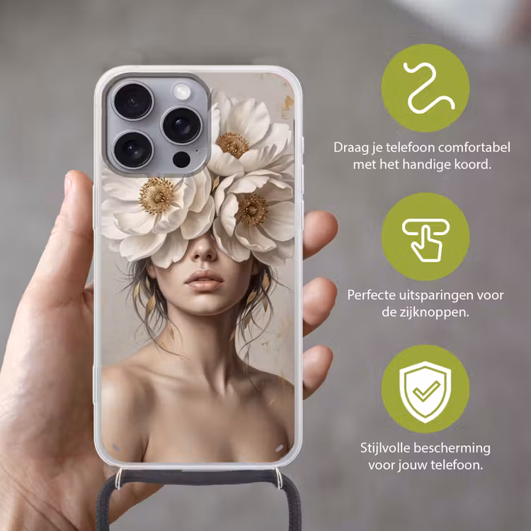 Vrouw - Pioenroos - Wit Hoesje iPhone 16 Pro Max met koord klein -sfeer2_NL