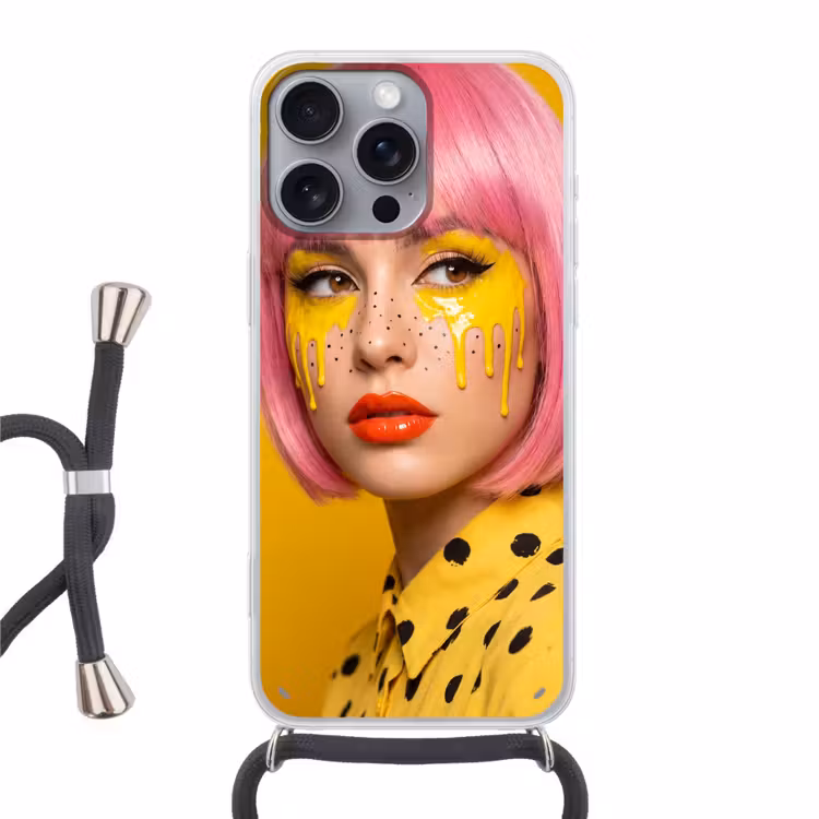 Vrouw - Portret - Abstract - Kleurrijk - Geel Hoesje iPhone 16 Pro Max met koord klein -3d