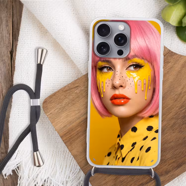 Vrouw - Portret - Abstract - Kleurrijk - Geel Hoesje iPhone 16 Pro Max met koord klein -sfeer4