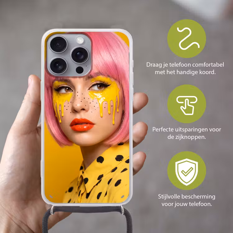 Vrouw - Portret - Abstract - Kleurrijk - Geel Hoesje iPhone 16 Pro Max met koord klein -sfeer2_NL