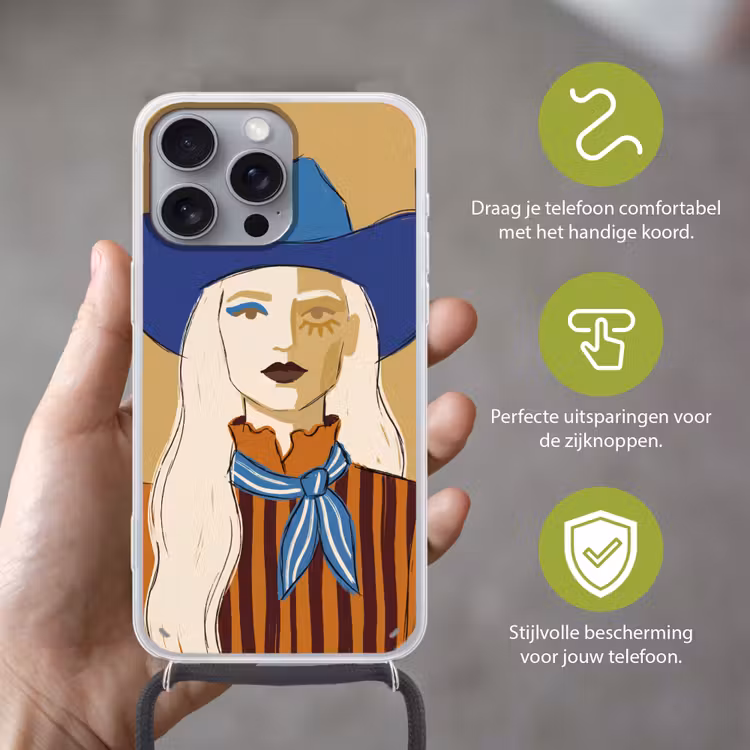 Vrouw - Portret - Abstract - Kleurrijk - Modern Hoesje iPhone 16 Pro Max met koord klein -sfeer2_NL